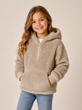 Sherpa Fleece Hoodie Kids Small Beige Cozy Pullover